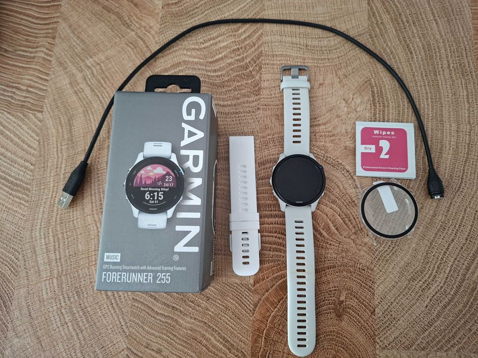 Smartwatch Garmin Forerunner 255 Music biały – jak nowy, pełny zestaw + dodatki