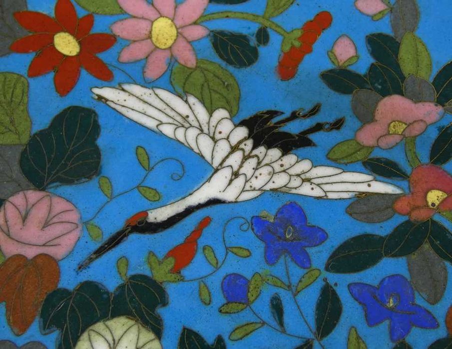 PATERA talerz emalia CLOISONNE kwiat ptak żuraw MISA taca