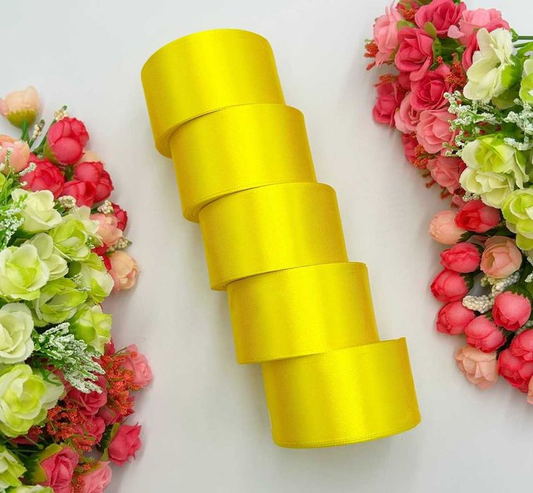 Атласна стрічка - 4 см x 23 м (5 рулонів) / Жовтий Лента атласная