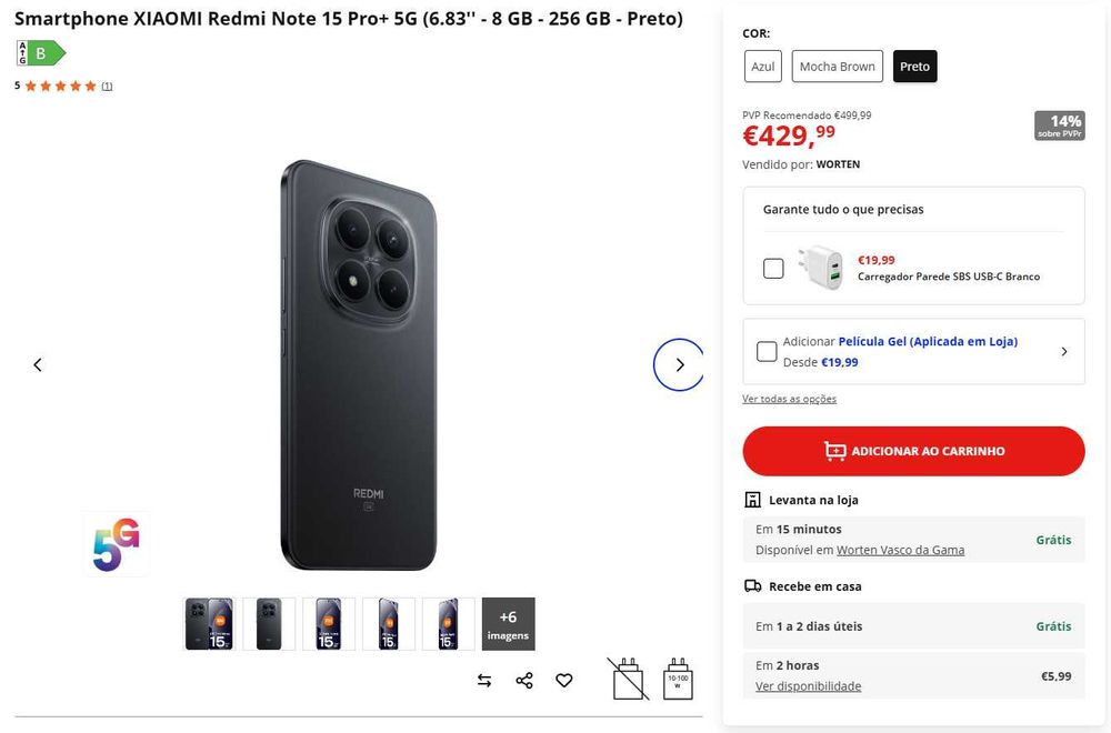 Xiaomi Redmi Note 15 Pro+ 5G – 256 GB / 8 GB RAM – Preto | Novo, caixa selada | 408,49€ - 5% DESCONTO