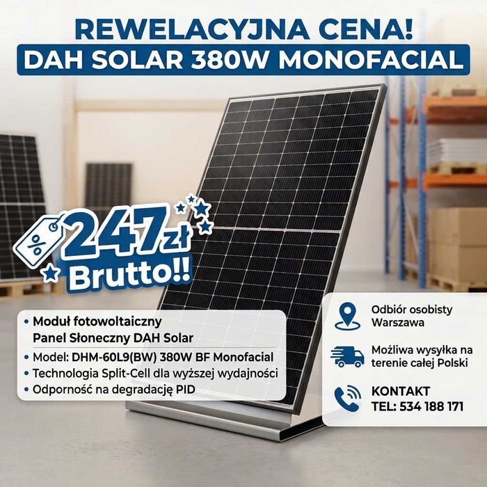 Moduł fotowoltaiczny Panel Słoneczny DAH Solar DHM-60L9(BW) 380W BF Monofacial 247zł Brutto!!