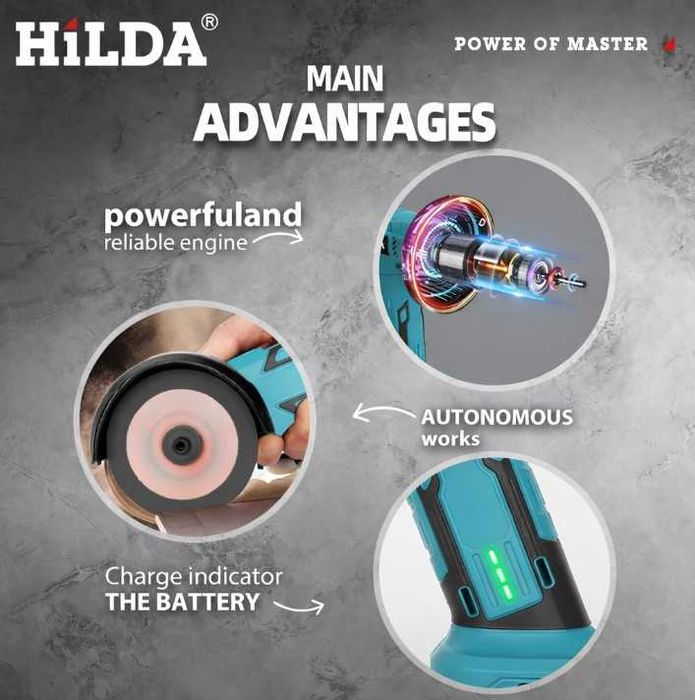 Аккумуляторная бесщеточная мини болгарка шлифмашина Hilda (Makita 21V battery)