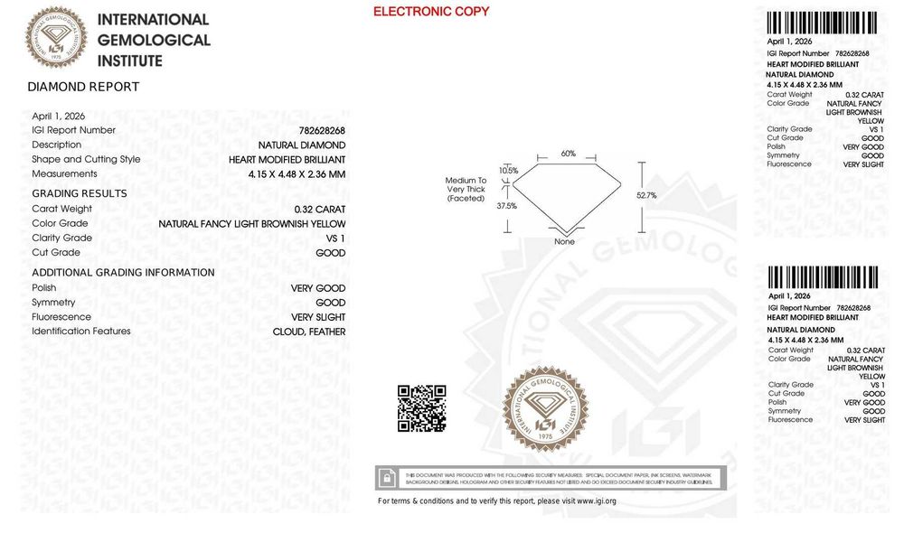 Diamante Natural Formato Coração 0.32ct - IGI - Fancy Light Yellow