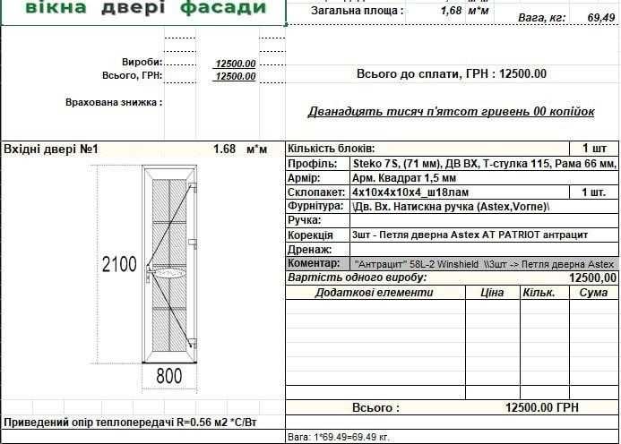 Готові металопластикові вхідні двері 800×2100 мм Антрацит зі шпросами