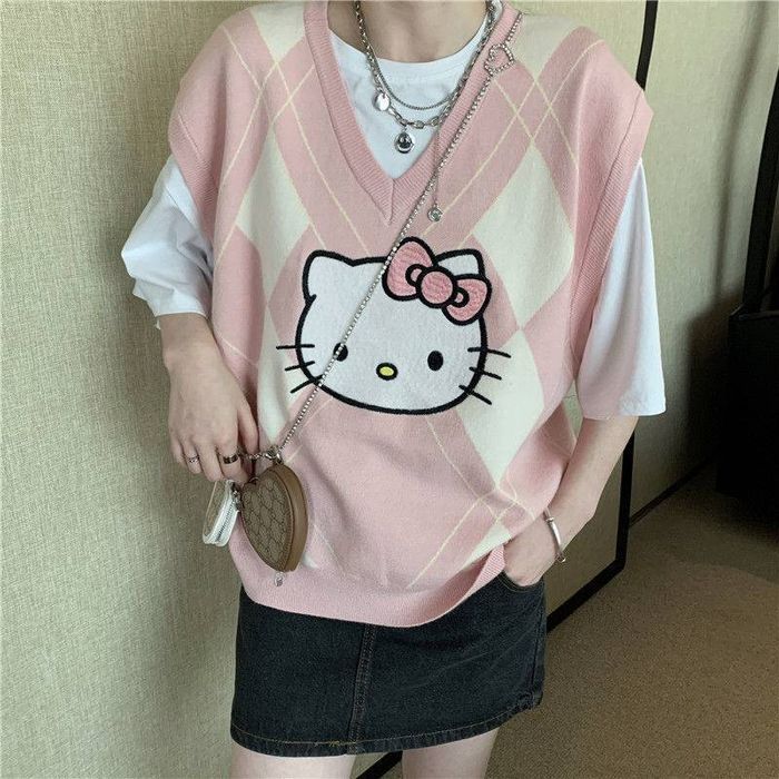 Damski Sweter Anime, Hello Kitty Kamizelka w Romby - S