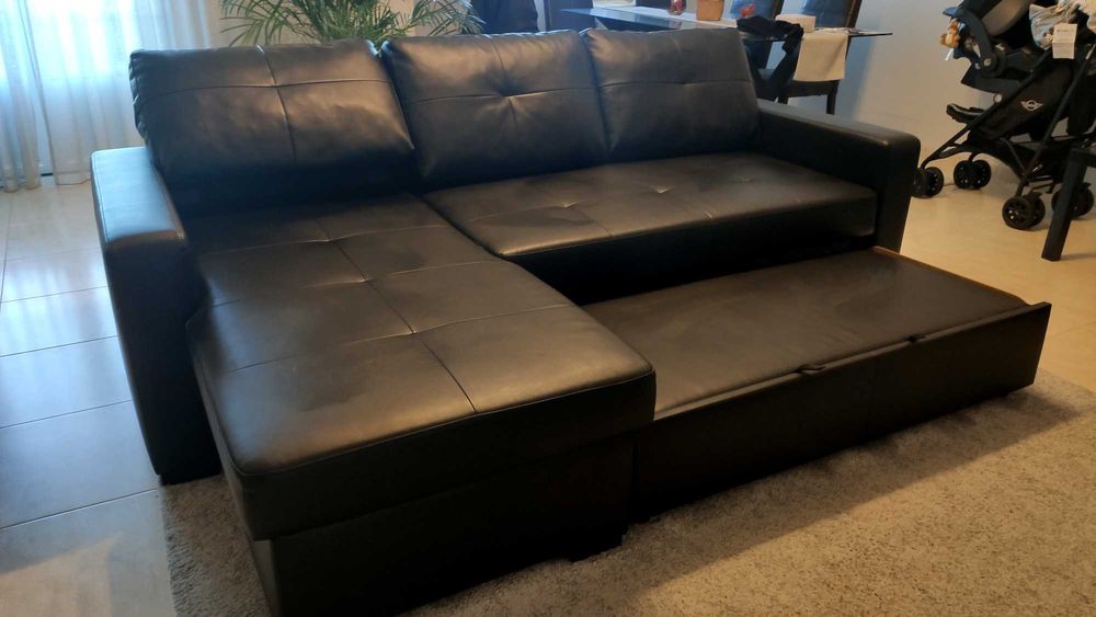 Sofá-Cama Chaise long reversível (direito/esquerdo) c/ arrumação Preto
