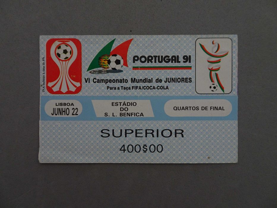 Bilhete futebol Portugal 91 VI Campeonato Mundial de Juniores junho