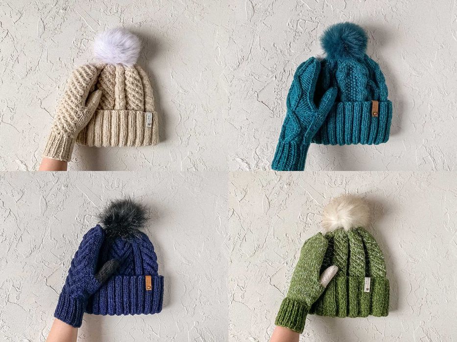 Теплі жіночі зимові шапки, вʼязана шапка з рукавицями, ручна робота