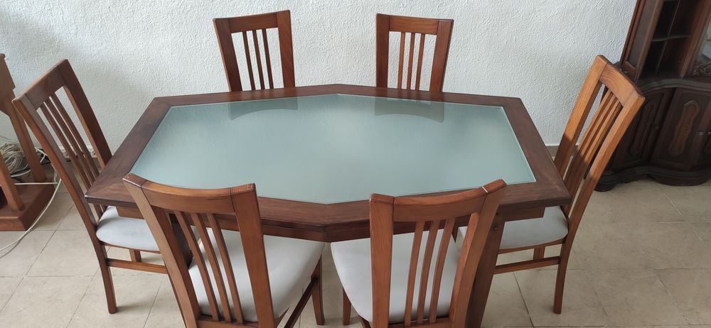 Living Room Table in Wood and Glass, 160x100 cm, with 6 New Chairs