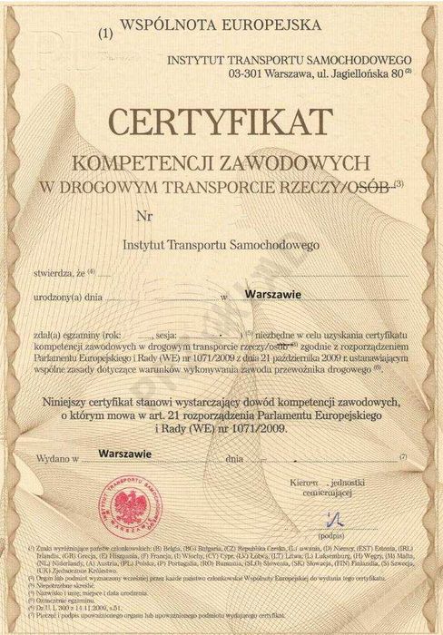 Użyczę Certyfikat Kompetencji Zawodowych Przewóz Rzeczy CKZ