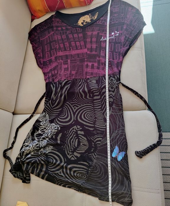 Vestido de verão, manga curta, preto e roxo, Desigual, S