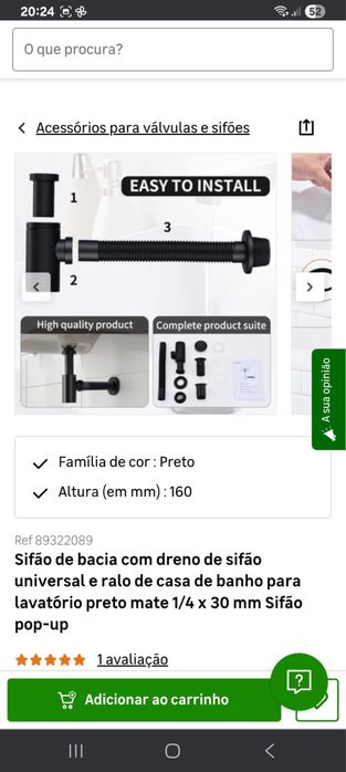 Sifão para lavatório preto.