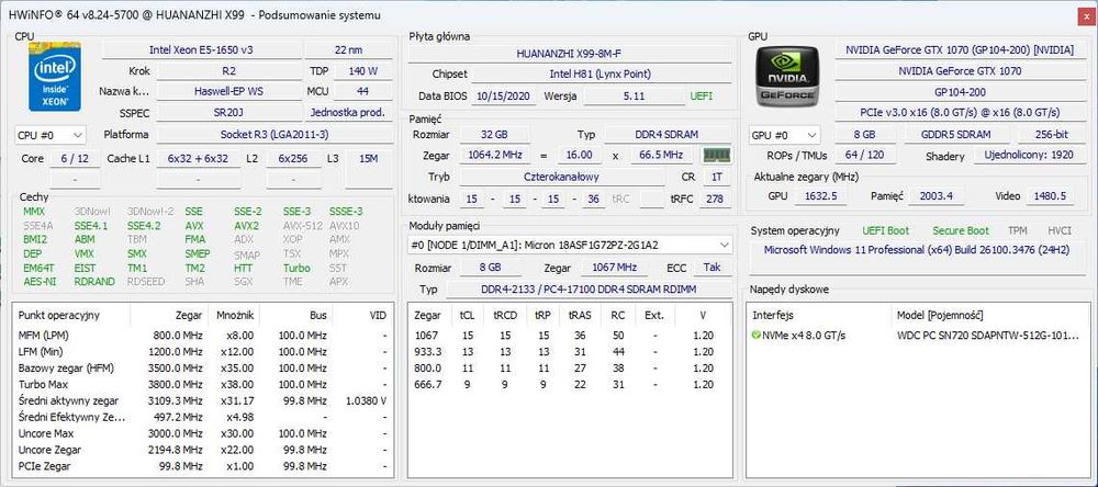 Komputer do gier GTX 1070 | 32 GB RAM | Xeon 6 rdzeni | SSD NVMe | W10