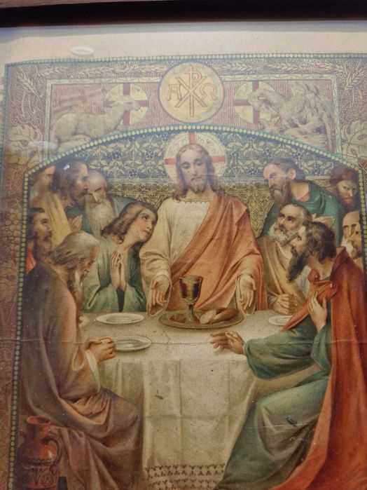 Antyczny, stary obraz religijny pamiątka z Pierwszej Komunii z 1906r.