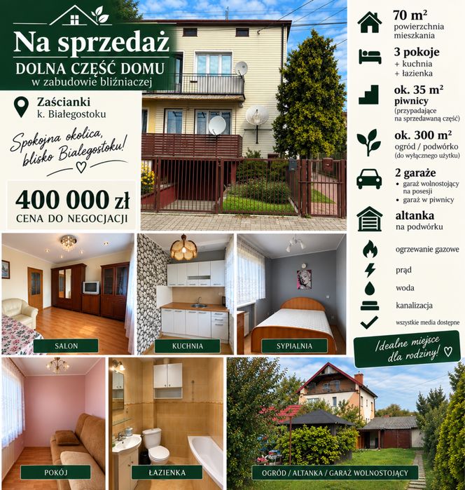 Parter domu w zabudowie bliźniaczej 70 m² + piwnica | Zaścianki k. Białegostoku