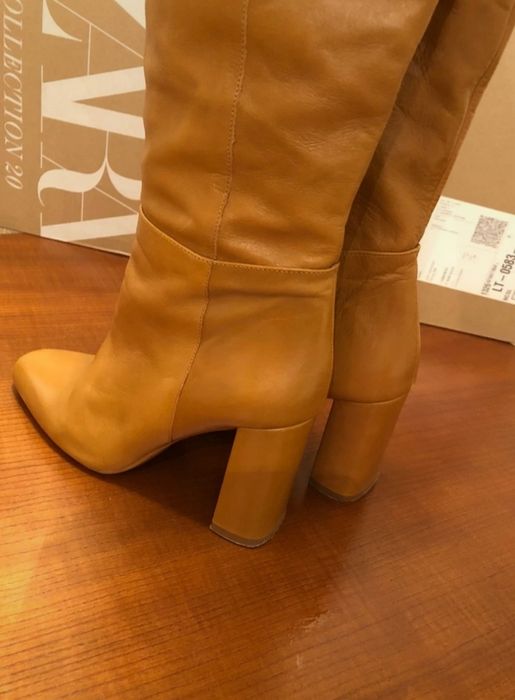 ZARA, Skórzane długie kozaki na słupku, miodowe, R.39, za kolano