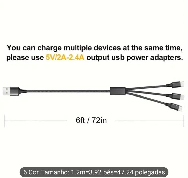Cabo usb triplo - 3 saidas - usbc - micro usb - iPhone64739499178627124