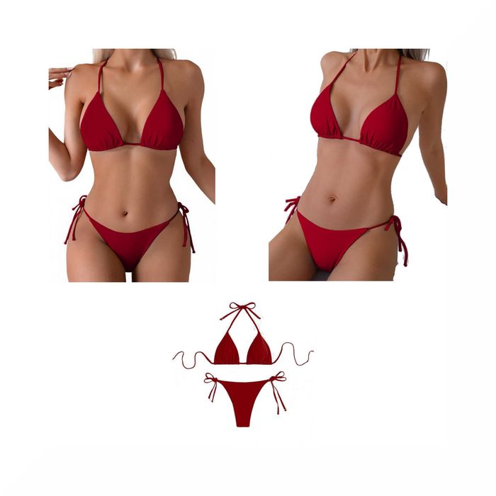 Bikini TAINEHS S Damskie Dwuczęściowe Trójkąty Wiązane Bordowy