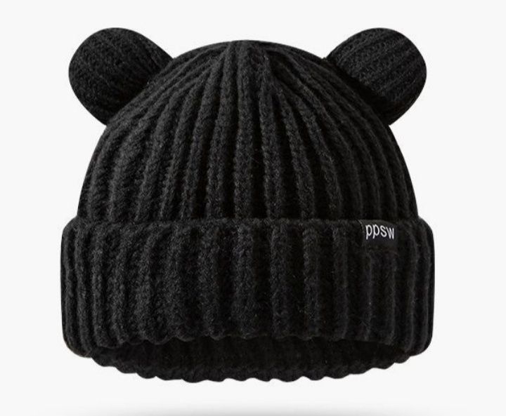 Зимова в'язана шапка з відворотом з вушками ведмежати аніме Kuromi обх