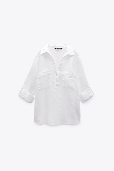 Льняная белая рубашка оверсайз  Zara лён