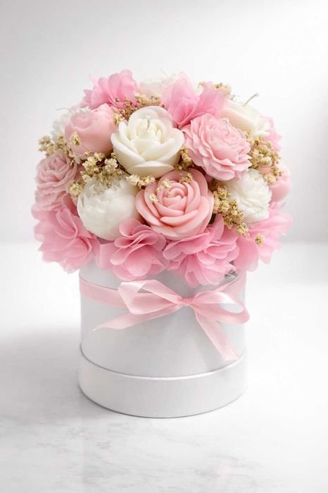 Flower box z kwiatów sojowych 20x15 cm - elegancki prezent, dekoracja, trwałe kwiaty