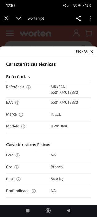 Máquina de Lavar Roupa Jocel 6kg (Como Nova) – 1000 RPM / Classe A++