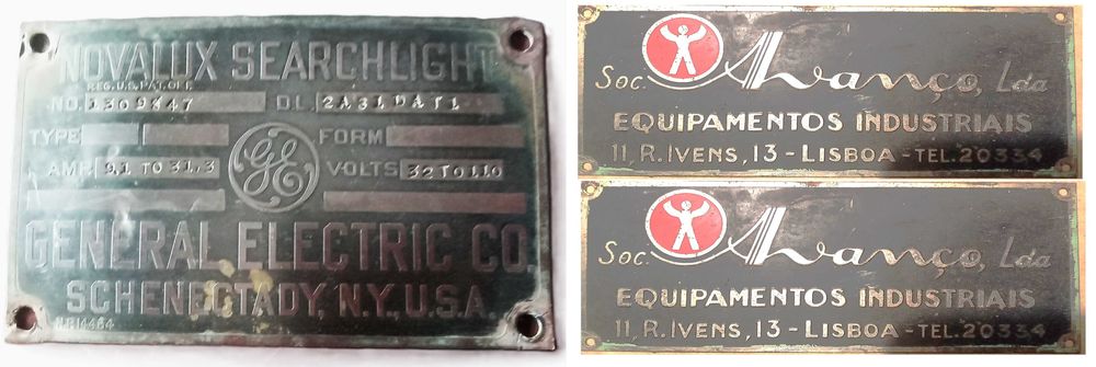 Placas e chapas antigas de empresas e equipamentos