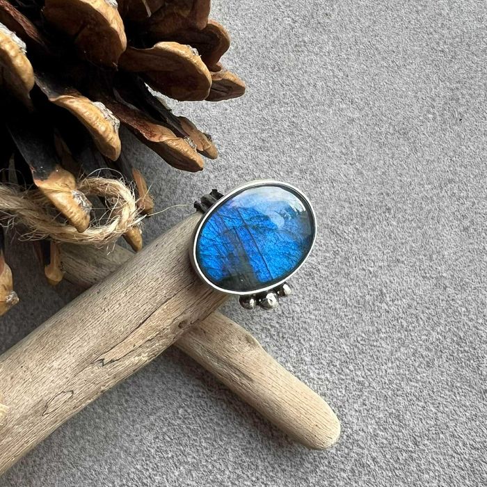 Pierścionek labradoryt niebieski srebro 925 regulowany rozmiar