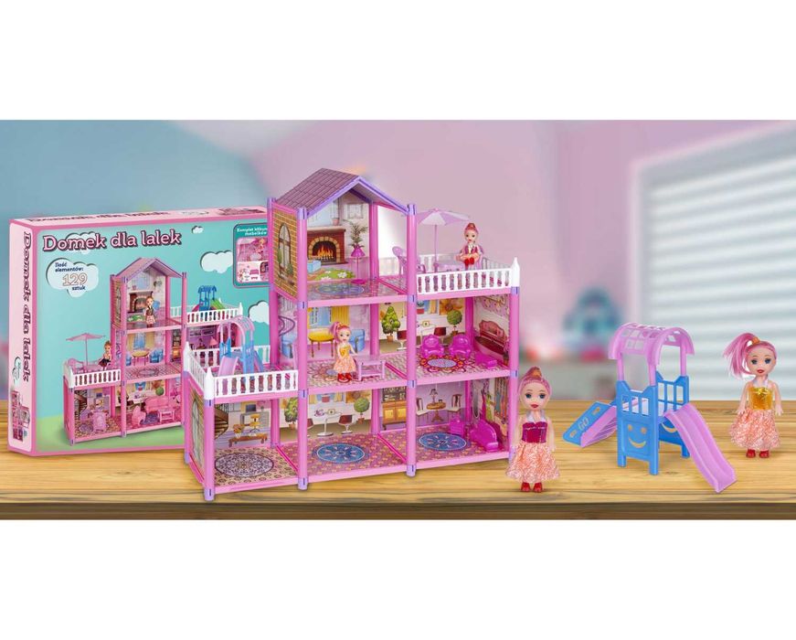 DUŻY Domek dla Lalek 3 Piętra 129 EL+ 2 Lalki Meble • Kompletny Zestaw