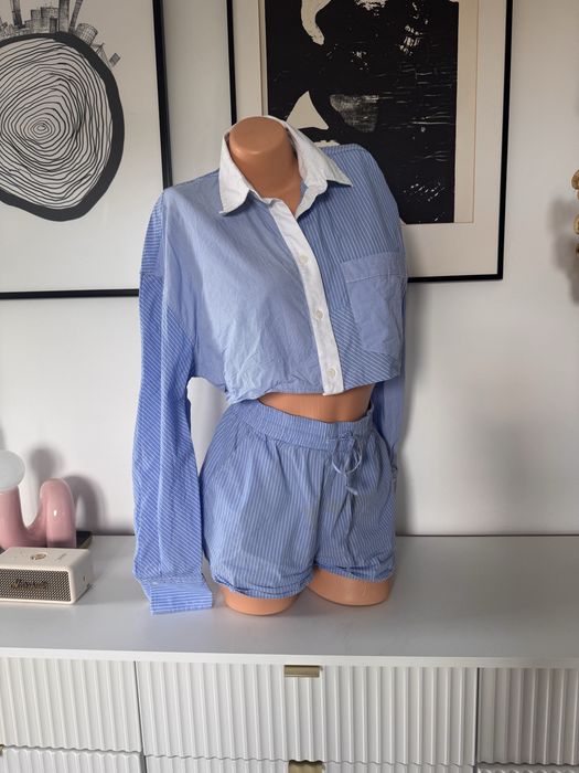 Zara komplet koszula crop top i spodenki szorty prążkowane niebieskie w prążki  S /36