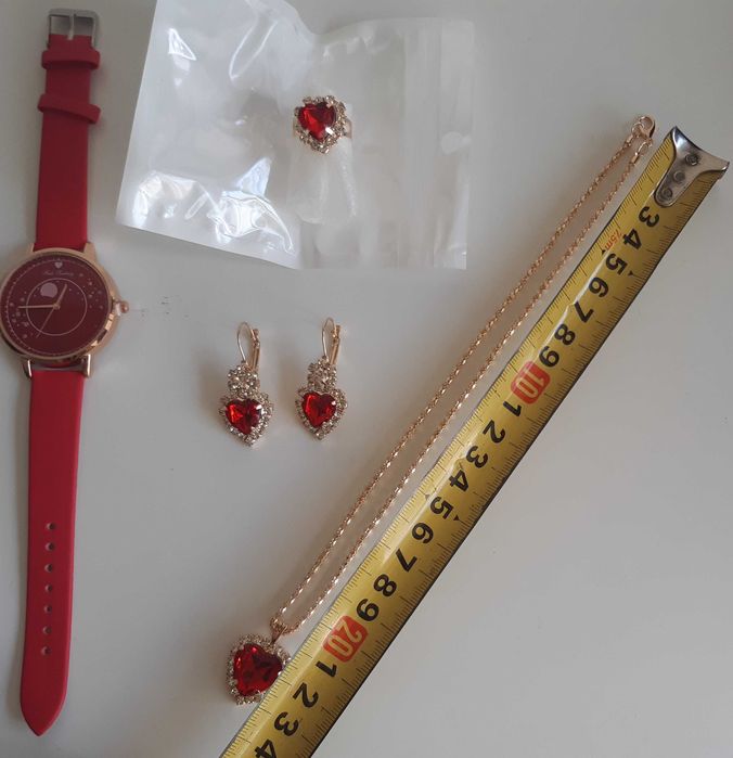 Conj. Coração Vermelho Relógio Pulso Novo Senhora + Fio Anel Brincos