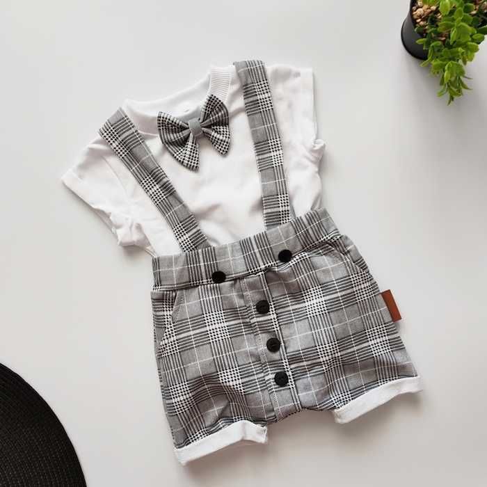 Modny SZARY GARNITUR, elegancki letni ZESTAW mucha, komplet chrzest 68