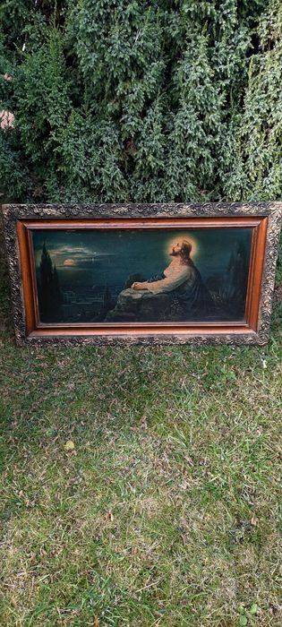 Antyk, przepiękny obraz przedstawiajacy rozmyślającego Pana Jezusa