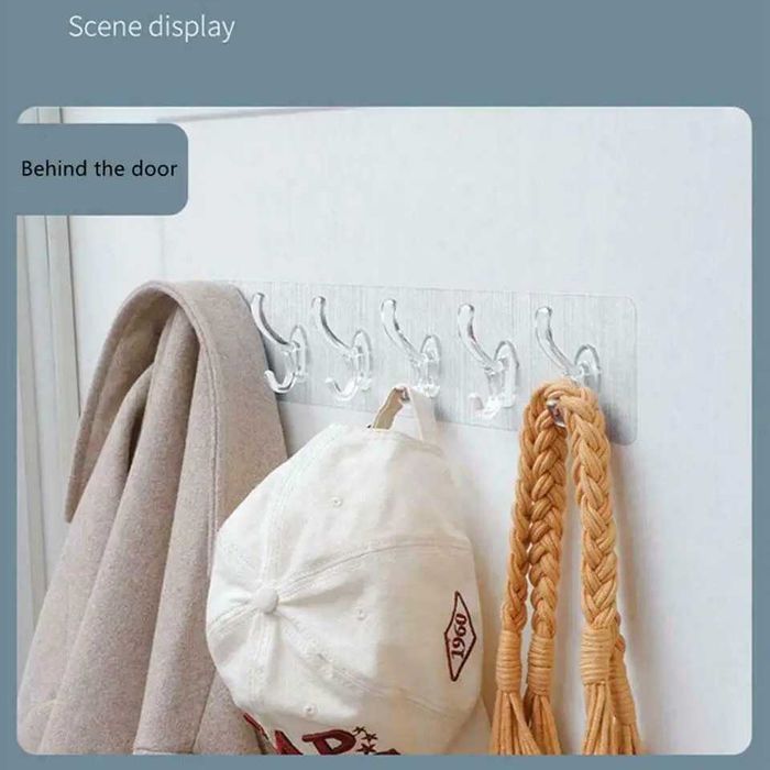 Вешалка прозрачная на 6 крючков  для кухни, ванной самоклеющаяся 35 см