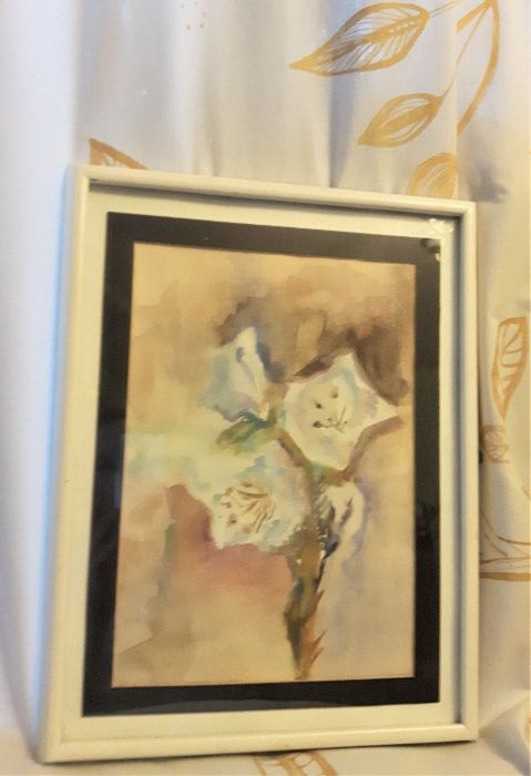 kwiaty akwarela w drewnianej białej ramce