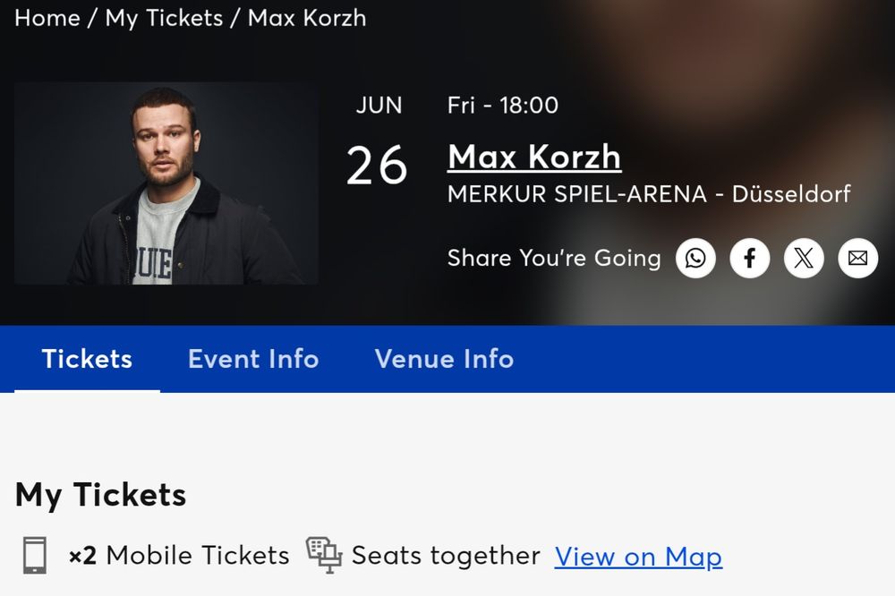 Два квитки поруч, 2й ряд біля центру стадіону Макс Корж Max Korzh