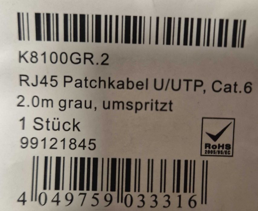 Cabo Ethernet cat.6 2 metros EFB-Elektronik cinzento NOVO