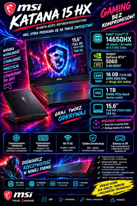 Msi Katana  i7-14650HX/ 16GB DDR5 /1TB /RTX 5060  8GB /15'6 FHD 144Hz/Win11