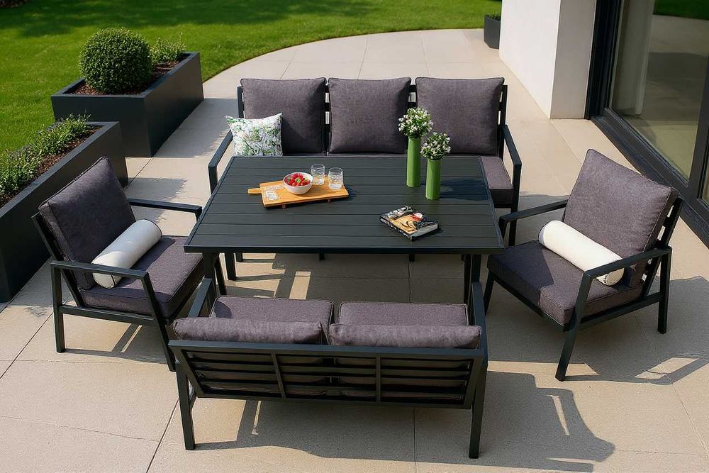 Meble ogrodowe metalowe ROMA 7os grube poduszki antracyt +szary