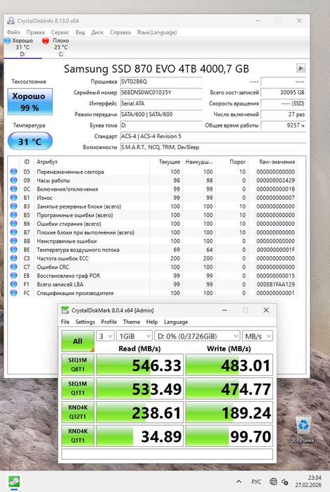 Samsung 870 Evo-Series 500 GB, Samsung 870 Evo 4Tb, Samsung 970 EVO Plus 2Tb, Samsung 850 Evo 500Gb