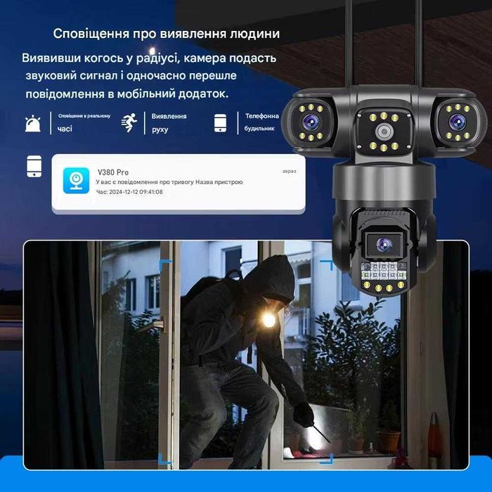 Потрійна 3в1 камера 4G відеонагляду V380 вулична поворотна огляд 360