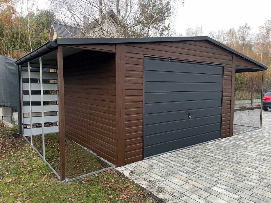 Garaż Blaszany drewnopodobny z wnęką 5.5x5m + 1.5x5m wiata Panelowa