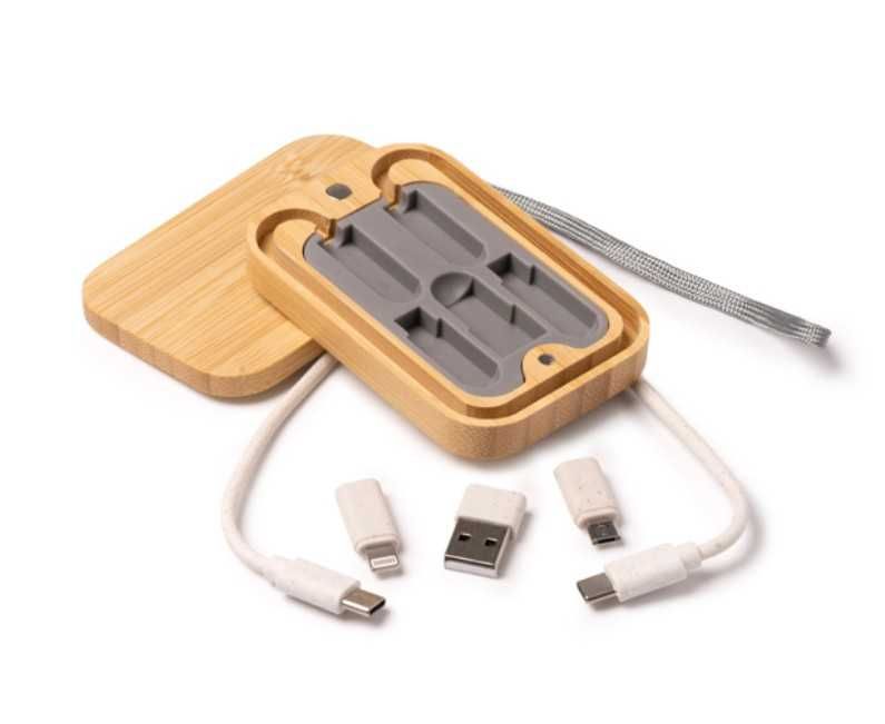 Zestaw w bambusowym pudełeczku przedłużka USB-C + końcówki USB, Mini