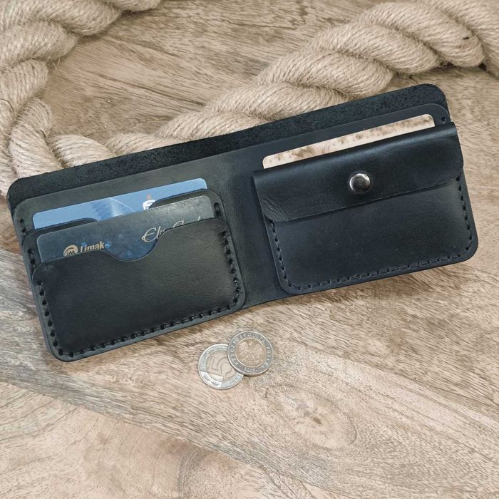 Portfel męski skórzany na karty na banknoty na monety czarny handmade