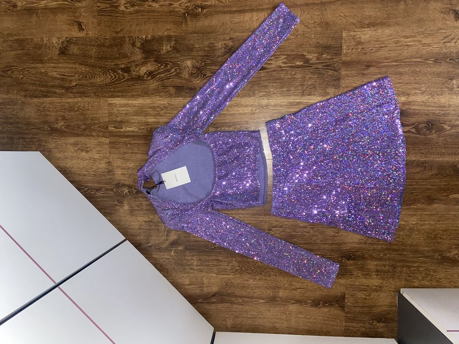 Brokatowy Cekinowy Zestaw Bershka XS Viral Sylwester Impreza Hit