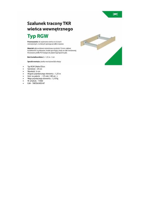 Szalunek tracony wieńca TKR typ RGW 24x6x125cm