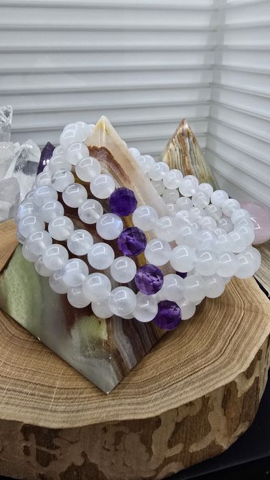 Браслет з натурального каміння - Місячний камінь (Адуляр) з Аметистом