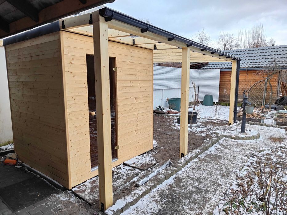 sauna sucha fińska | ogrodowa, z przedsionkiem, domkiem narzędziowym