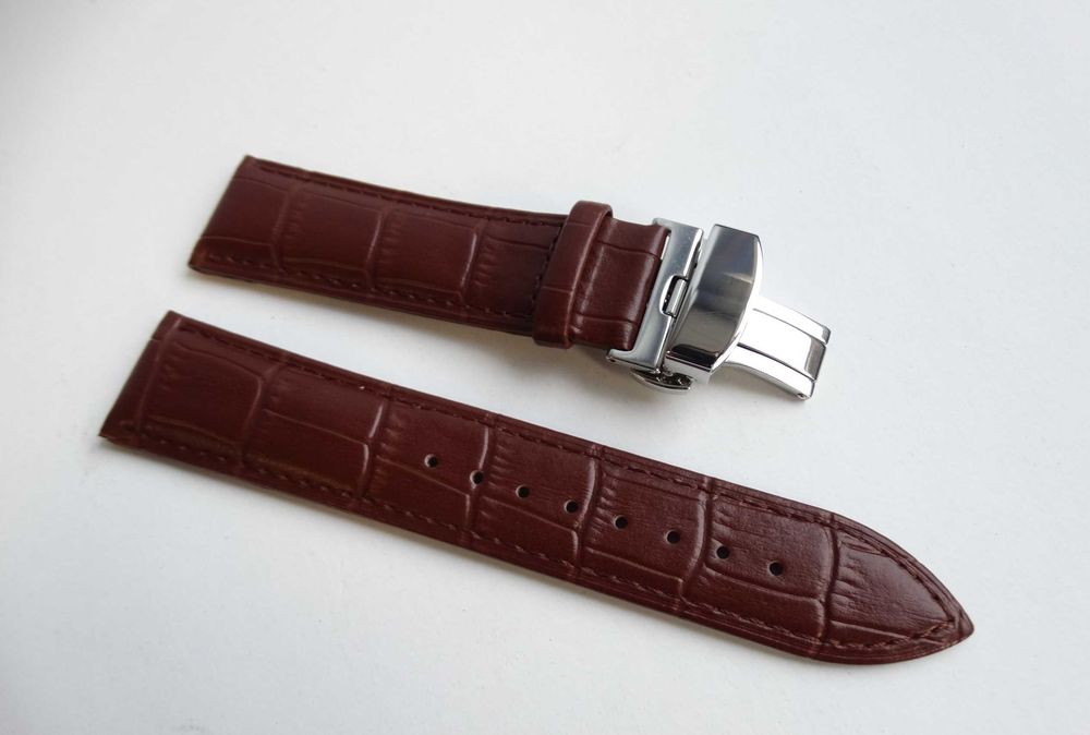 Pasek skórzany do zegarka brązowy 22mm z klamrą zapięciem motylkowym