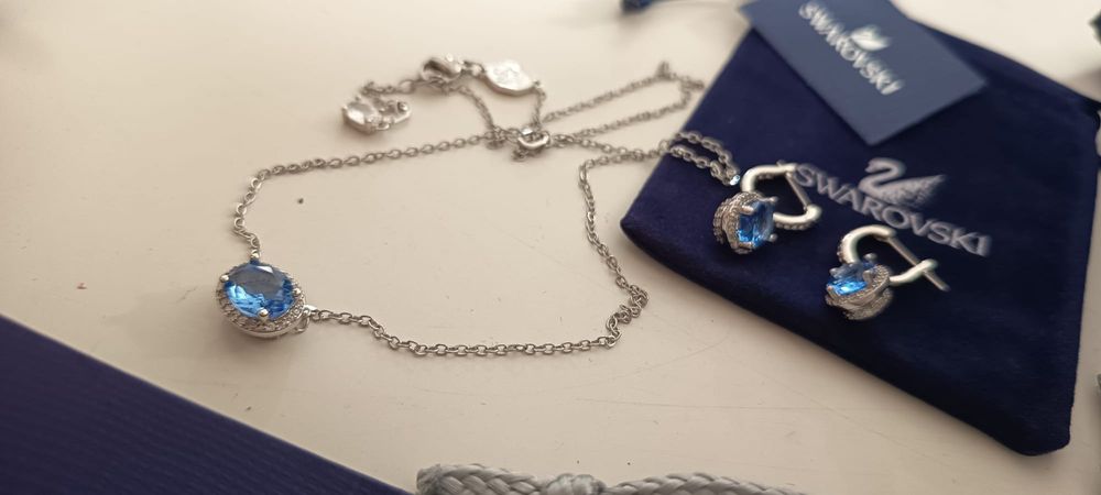 Conjunto Swarovski Original - Colar e Brincos Cristais Azuis